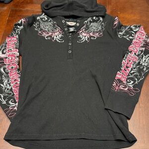 Harley-Davidson Black Hoodie with Pink and Gray Graphic Design